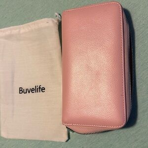 Buvelife pink leather zipper credit card phone wallet w/dust bag 8x4.5x1.3 RFID